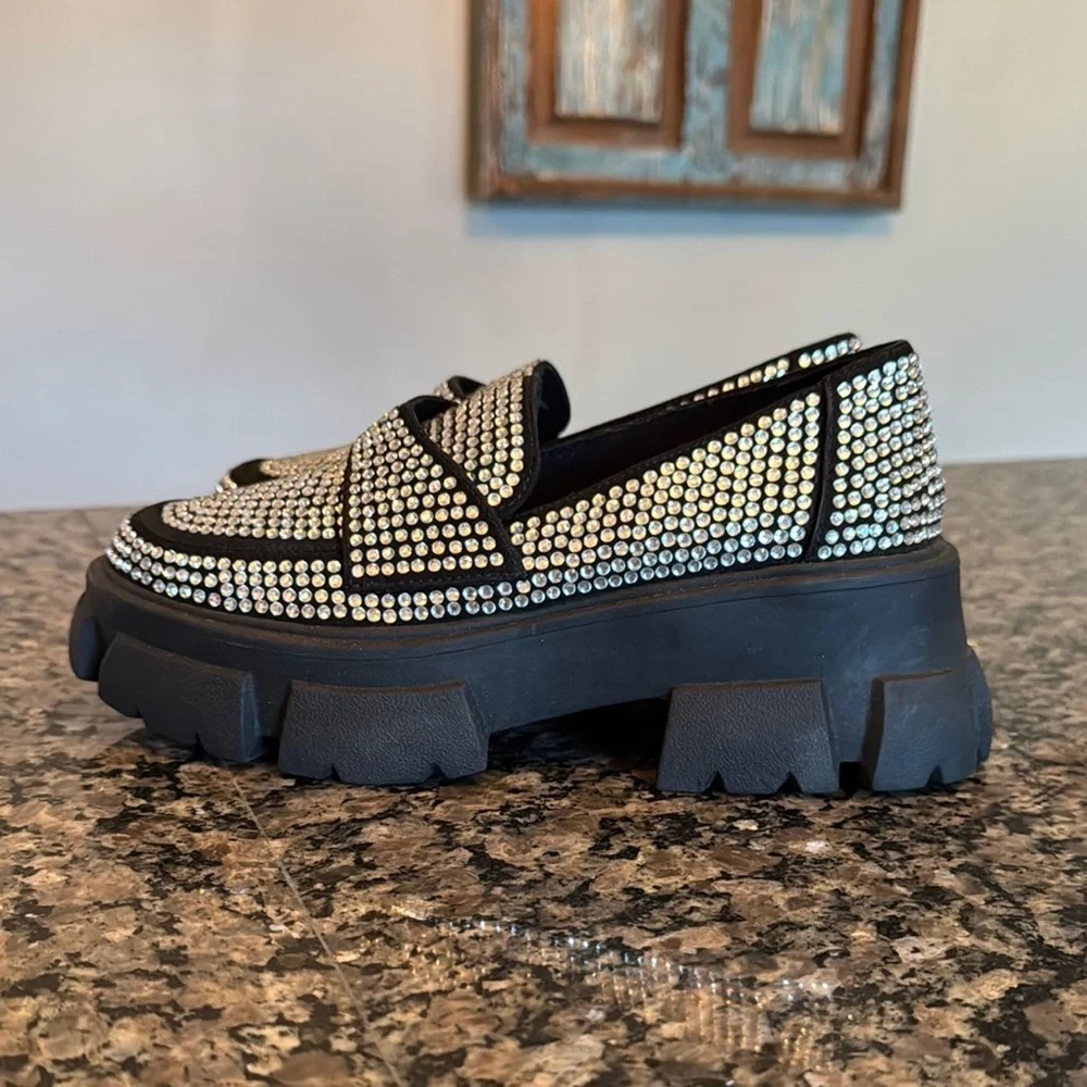 Steve Madden trifecta Black Rhinestone embellished platform Loafers NWOT